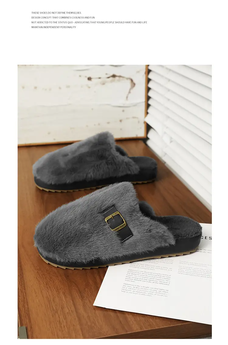 Men's Winter Non-Slip Indoor Home Warm Cotton Slippers with Plush Thickened Simple Half-Cover Fur Slippers — feature 3