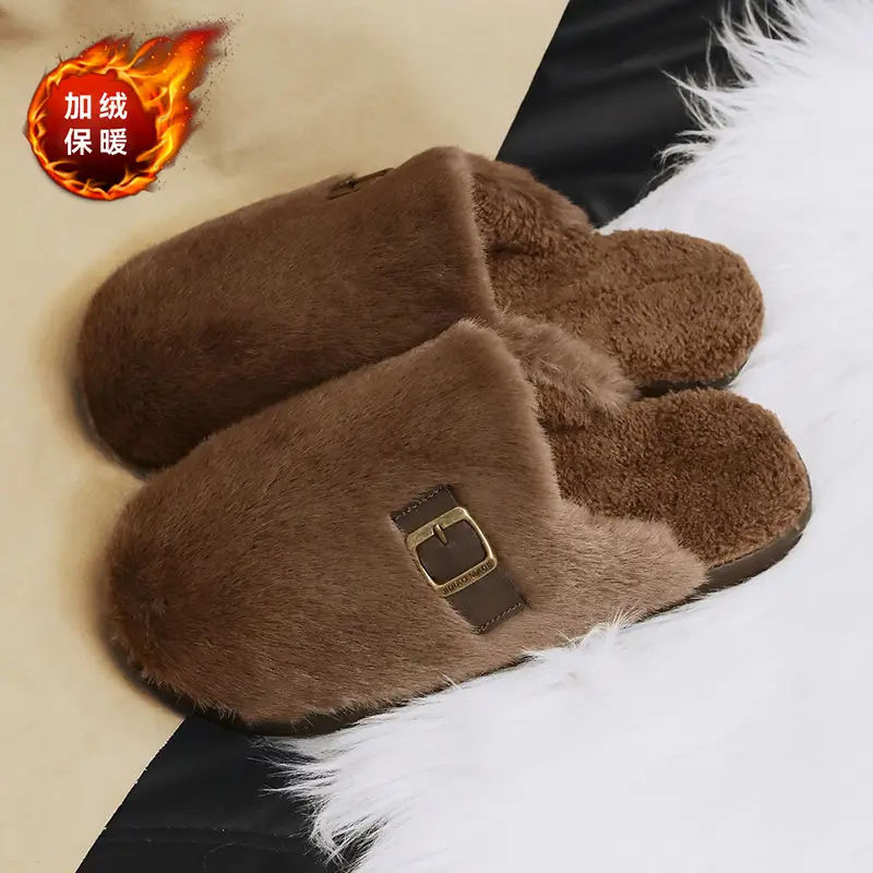 Men's Winter Non-Slip Indoor Home Warm Cotton Slippers with Plush Thickened Simple Half-Cover Fur Slippers - Image 2
