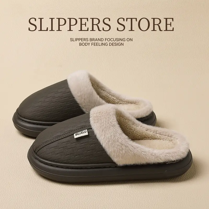 Household Pu Cotton Slippers for Women, Winter Indoor Home Plush Waterproof Slippers for Men, Winter Bedroom Plush Cotton Slippers for Men, Wholesale - Image 7