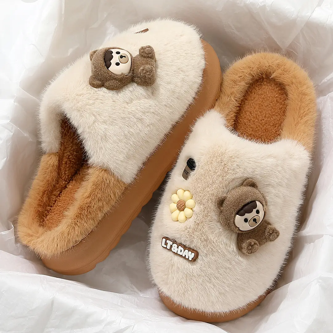 Parent-Child Cartoon Bear Cotton Slippers for Women, Autumn and Winter Home Indoor Plush Warm Non-Slip Furry Slippers for Women Wholesale - Image 7