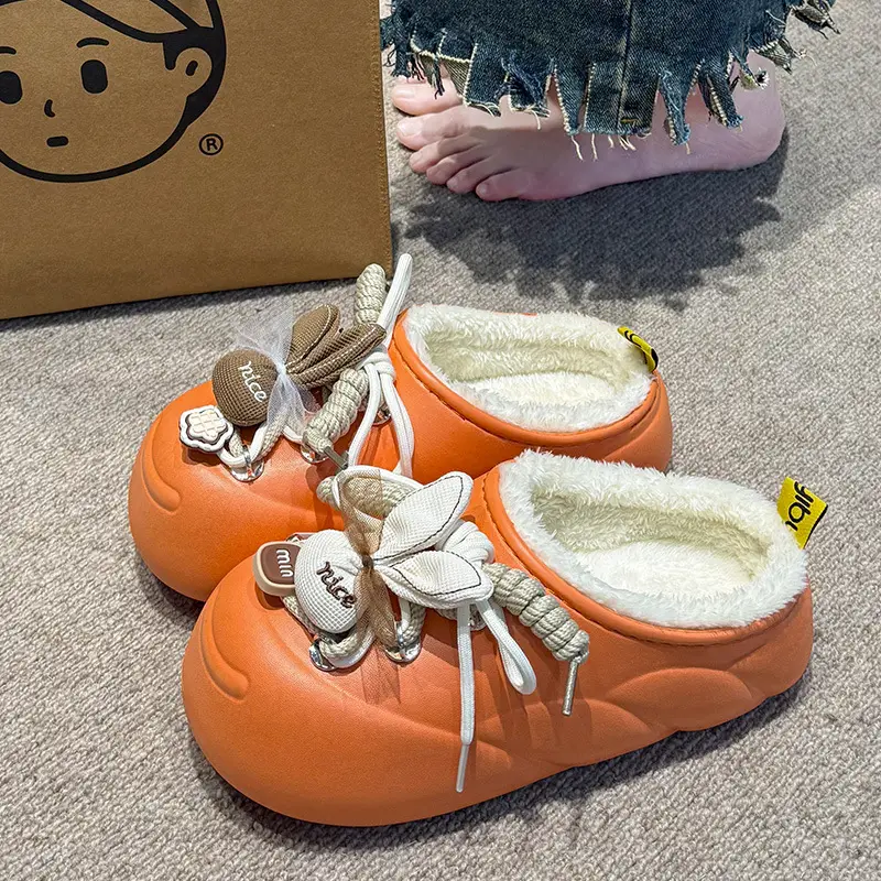 New Plush Rabbit Waterproof Cotton Slippers Orange 2025