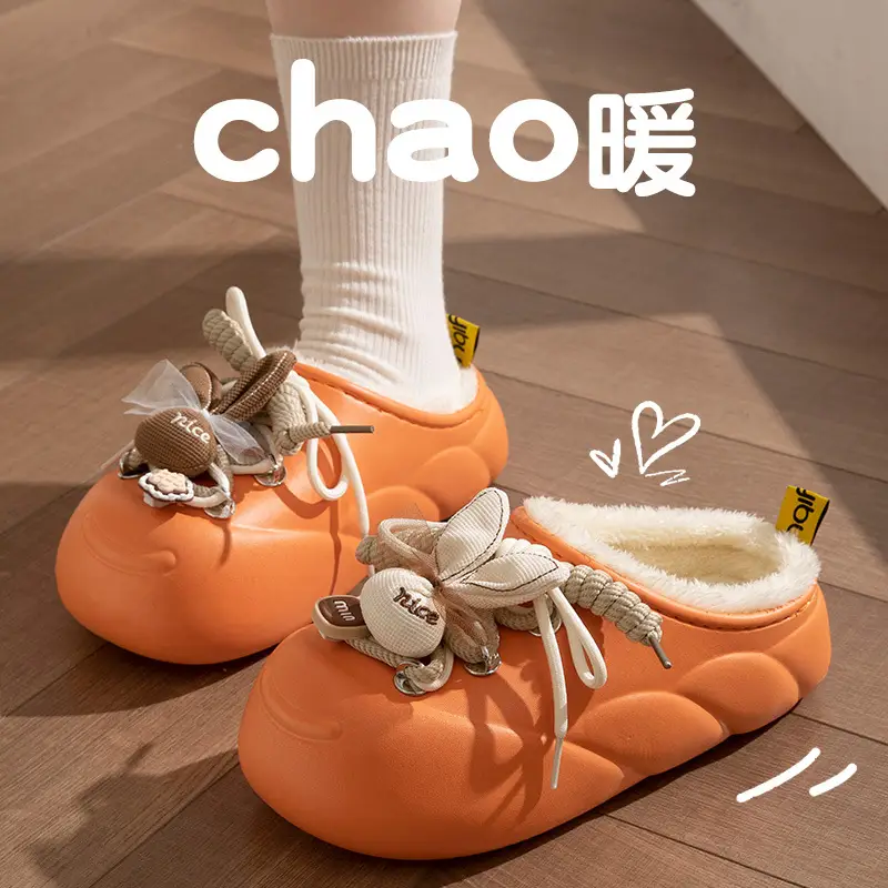 New Plush Rabbit Waterproof Cotton Slippers Orange 2025