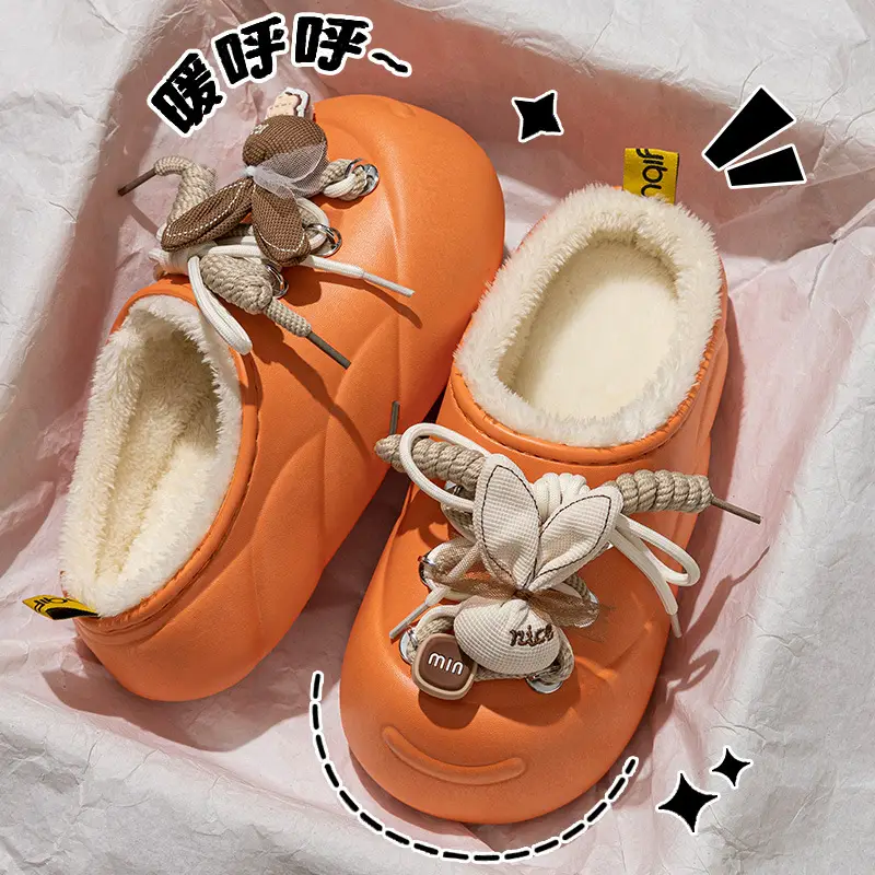 New Plush Rabbit Waterproof Cotton Slippers Orange 2025
