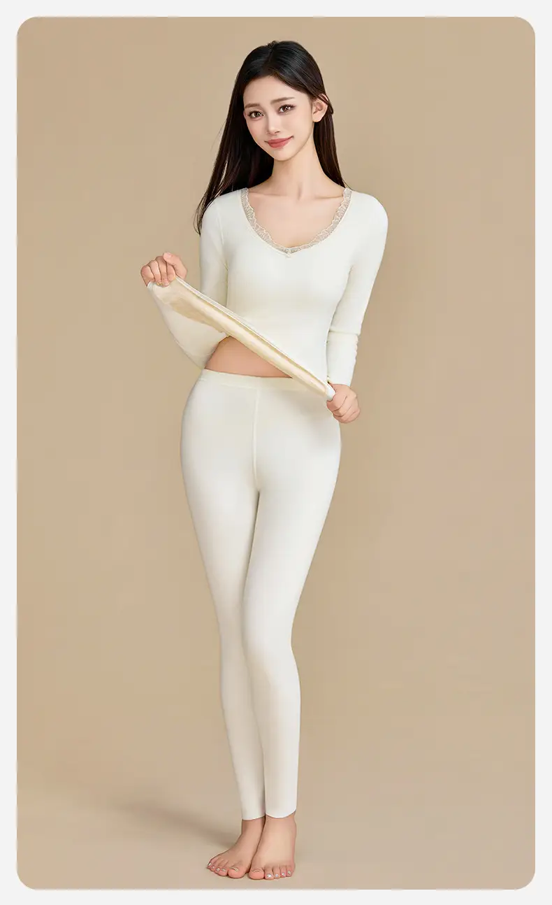Autumn and Winter Self-Heating Thermal Underwear for Women, Fleece-Lined and Thickened Base Layer, Thermal Top and Pants with Chest Pads, Slim-Fit Thermal Set — feature 22