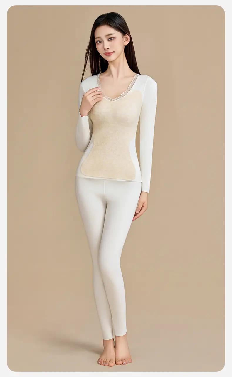 Autumn and Winter Self-Heating Thermal Underwear for Women, Fleece-Lined and Thickened Base Layer, Thermal Top and Pants with Chest Pads, Slim-Fit Thermal Set — feature 23