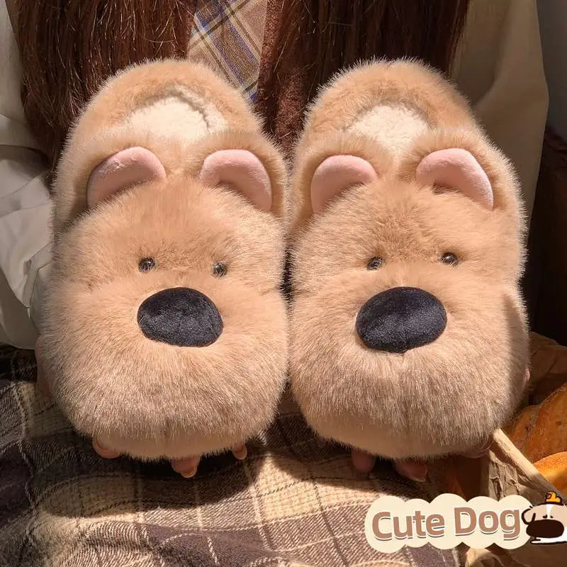 Cute Dog Fur Slippers Women 2025 Winter Warm Anti-Slip - Image 4