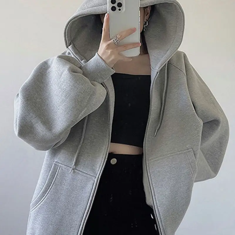 Cross-Border Autumn and Winter Style Fleece-Lined Hooded Sweatshirt Jacket for Women 2026 New Style Cardigan Zipper Loose Lazy Style Top
