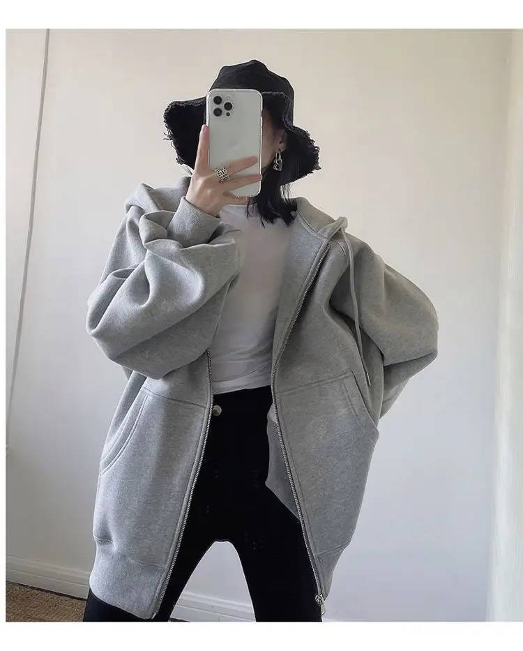 Cross-Border Autumn and Winter Style Fleece-Lined Hooded Sweatshirt Jacket for Women 2026 New Style Cardigan Zipper Loose Lazy Style Top — feature 10