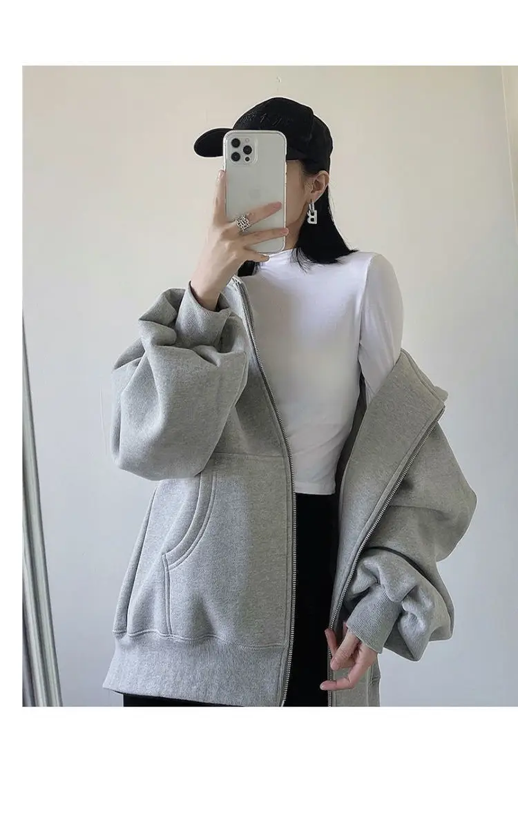 Cross-Border Autumn and Winter Style Fleece-Lined Hooded Sweatshirt Jacket for Women 2026 New Style Cardigan Zipper Loose Lazy Style Top — feature 11