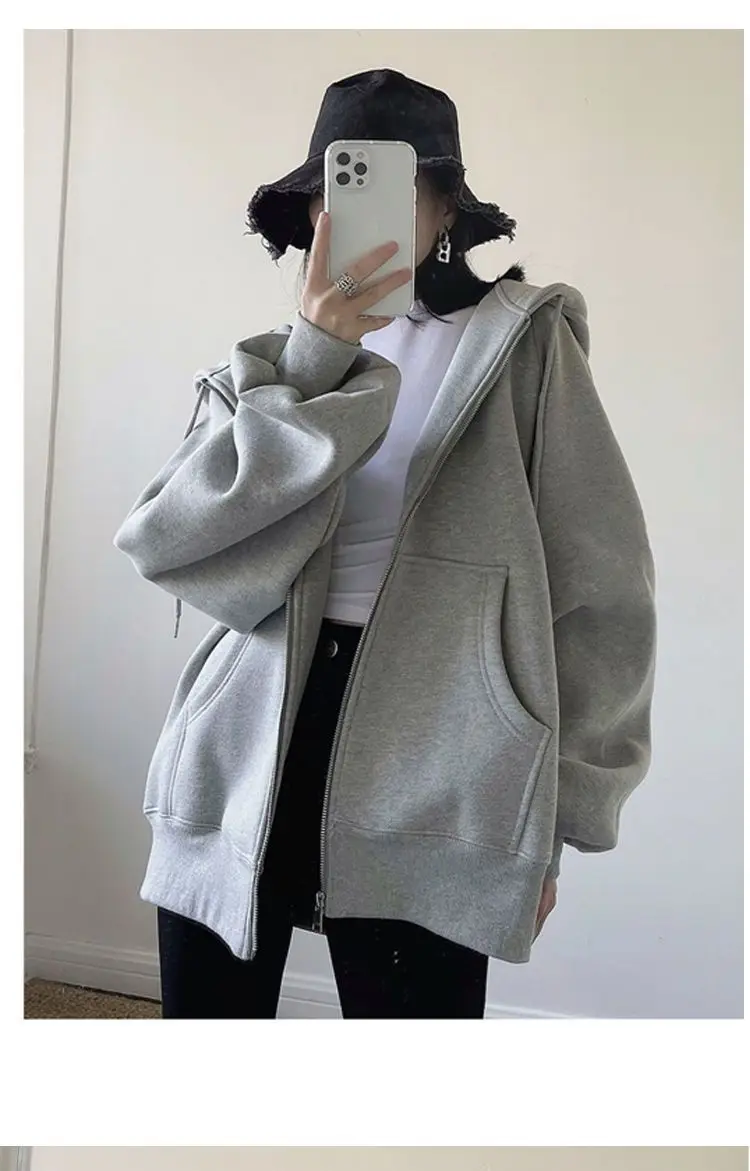 Cross-Border Autumn and Winter Style Fleece-Lined Hooded Sweatshirt Jacket for Women 2026 New Style Cardigan Zipper Loose Lazy Style Top — feature 12