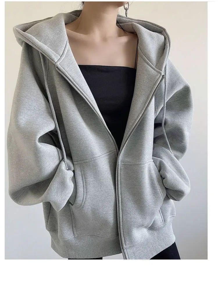 Cross-Border Autumn and Winter Style Fleece-Lined Hooded Sweatshirt Jacket for Women 2026 New Style Cardigan Zipper Loose Lazy Style Top — feature 14
