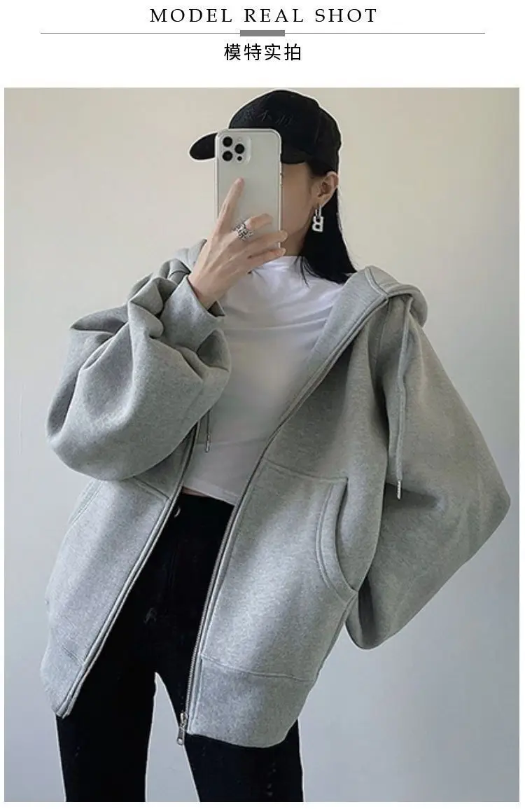 Cross-Border Autumn and Winter Style Fleece-Lined Hooded Sweatshirt Jacket for Women 2026 New Style Cardigan Zipper Loose Lazy Style Top — feature 4