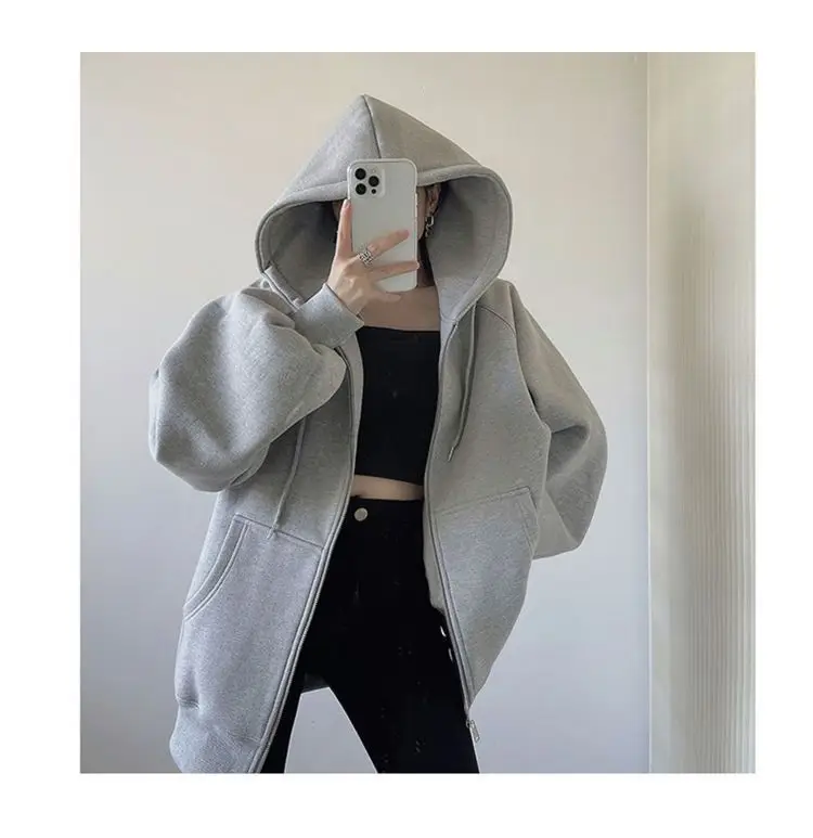 Cross-Border Autumn and Winter Style Fleece-Lined Hooded Sweatshirt Jacket for Women 2026 New Style Cardigan Zipper Loose Lazy Style Top — feature 5