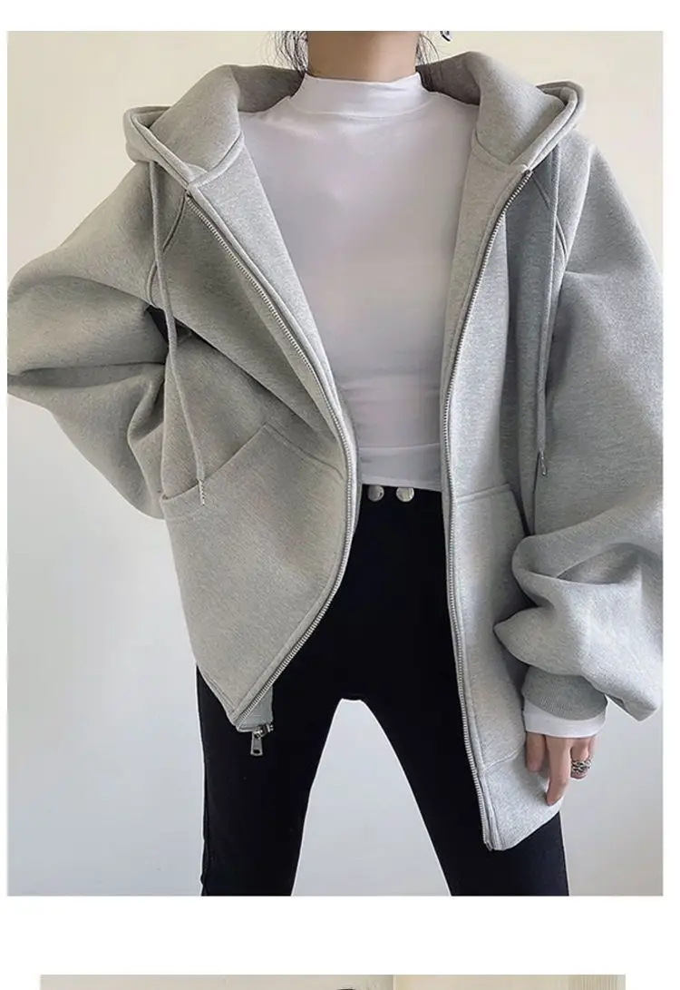 Cross-Border Autumn and Winter Style Fleece-Lined Hooded Sweatshirt Jacket for Women 2026 New Style Cardigan Zipper Loose Lazy Style Top — feature 6