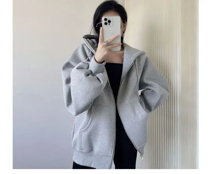 Cross-Border Autumn and Winter Style Fleece-Lined Hooded Sweatshirt Jacket for Women 2026 New Style Cardigan Zipper Loose Lazy Style Top — feature 7