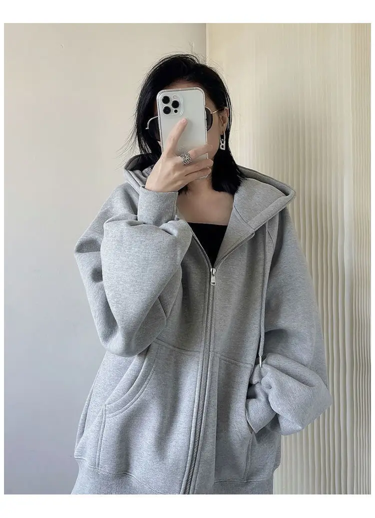 Cross-Border Autumn and Winter Style Fleece-Lined Hooded Sweatshirt Jacket for Women 2026 New Style Cardigan Zipper Loose Lazy Style Top — feature 8