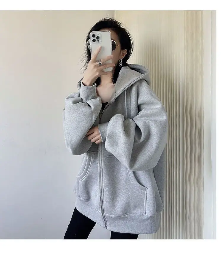 Cross-Border Autumn and Winter Style Fleece-Lined Hooded Sweatshirt Jacket for Women 2026 New Style Cardigan Zipper Loose Lazy Style Top — feature 9