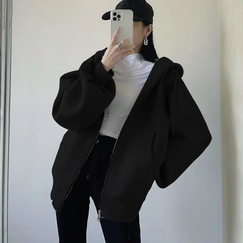 Cross-Border Autumn and Winter Style Fleece-Lined Hooded Sweatshirt Jacket for Women 2026 New Style Cardigan Zipper Loose Lazy Style Top