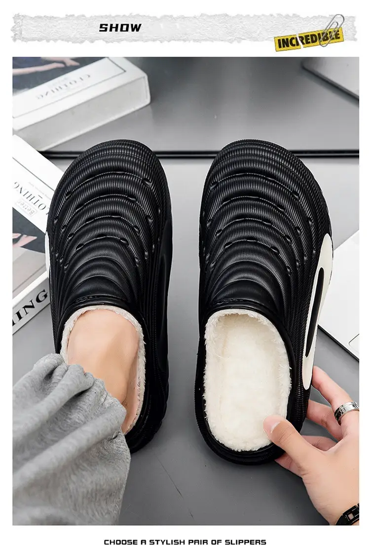Plus Size Cotton Slippers for Men in Winter New Style Fleece-Lined Warm Thick-Soled Outer Wear Waterproof Anti-Slip Couple's Slip-On Cotton Shoes — feature 5