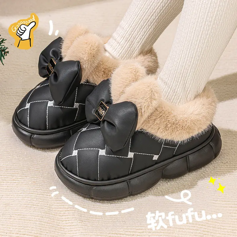 Women's Winter New Cotton Slippers for Outdoor Wear, Warm Cotton Shoes, Non-Slip Plush Warm Maternity Shoes with Bow — feature 3