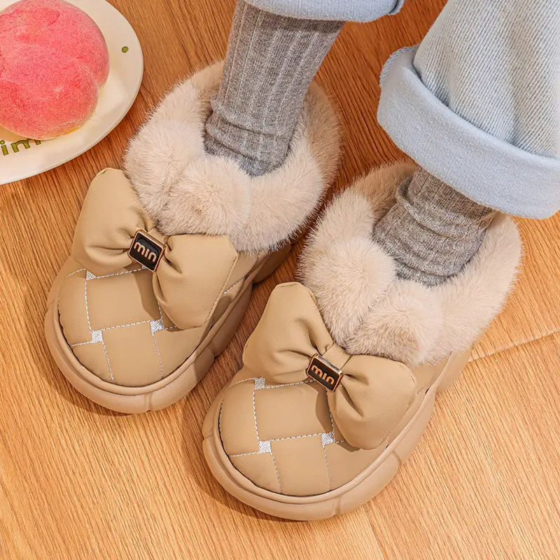 Women's Winter New Cotton Slippers for Outdoor Wear, Warm Cotton Shoes, Non-Slip Plush Warm Maternity Shoes with Bow — feature 6