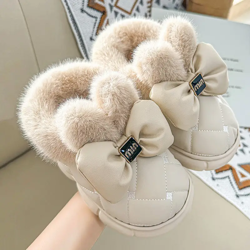 Women's Winter New Cotton Slippers for Outdoor Wear, Warm Cotton Shoes, Non-Slip Plush Warm Maternity Shoes with Bow — feature 7