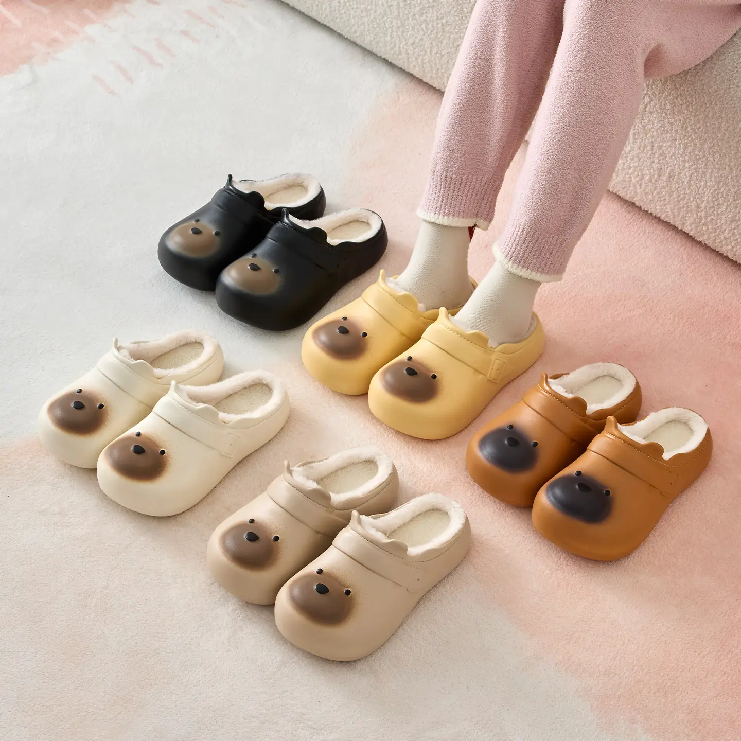 Bear Shaped Cotton Slippers for Women Men Warm Indoor Winter