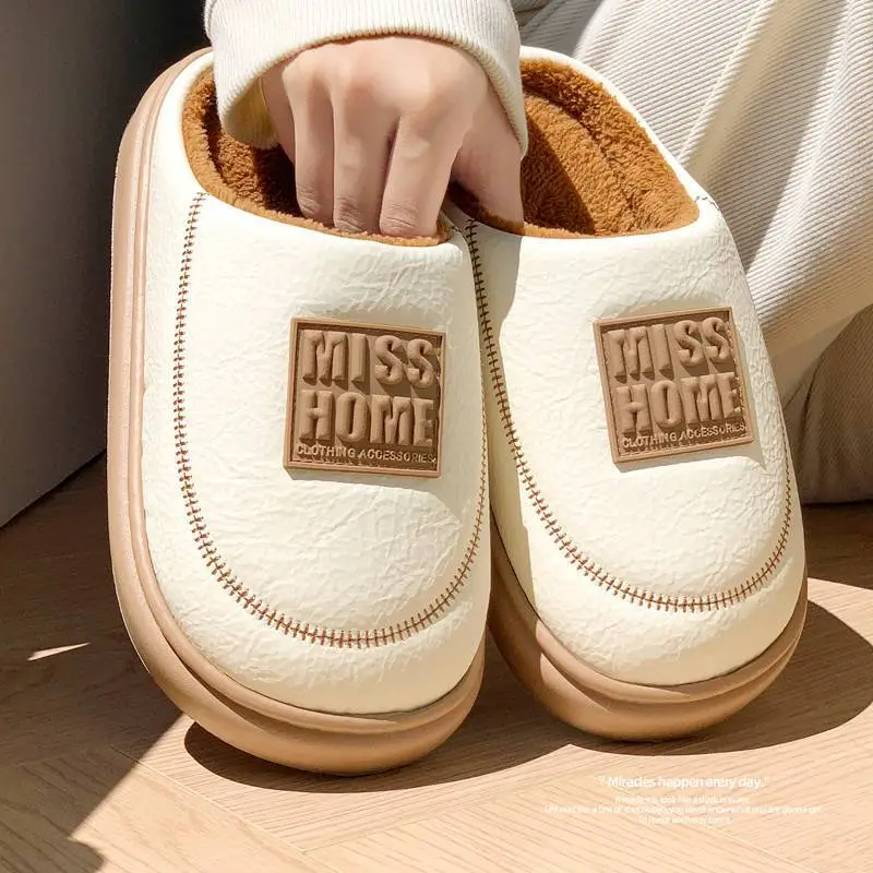 2025 Winter Leather Slip On Slippers Black Warm - Image 8