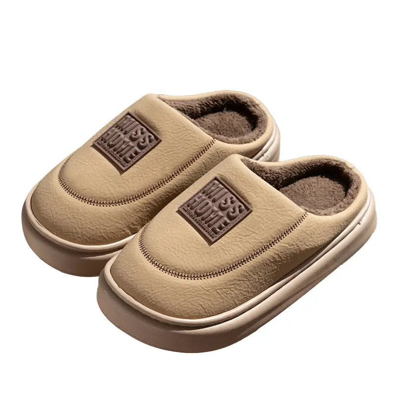 2025 Winter Leather Slip On Slippers Black Warm - Image 2