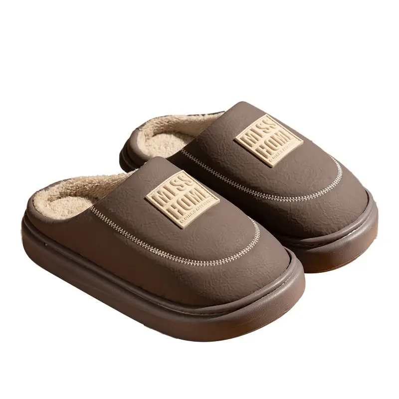 2025 Winter Leather Slip On Slippers Black Warm - Image 3