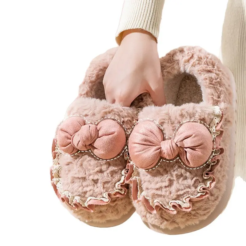 Women Furry Bow Slippers Warm Winter Indoor