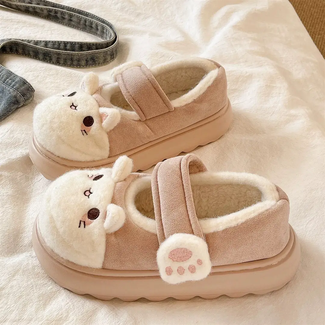Cute Little Rabbit Velcro Cotton Slippers for Women in Winter Indoor and Outdoor Wear Non-Slip Bag Heel Fleece-Lined Warm Confinement Cotton Shoes - Image 6