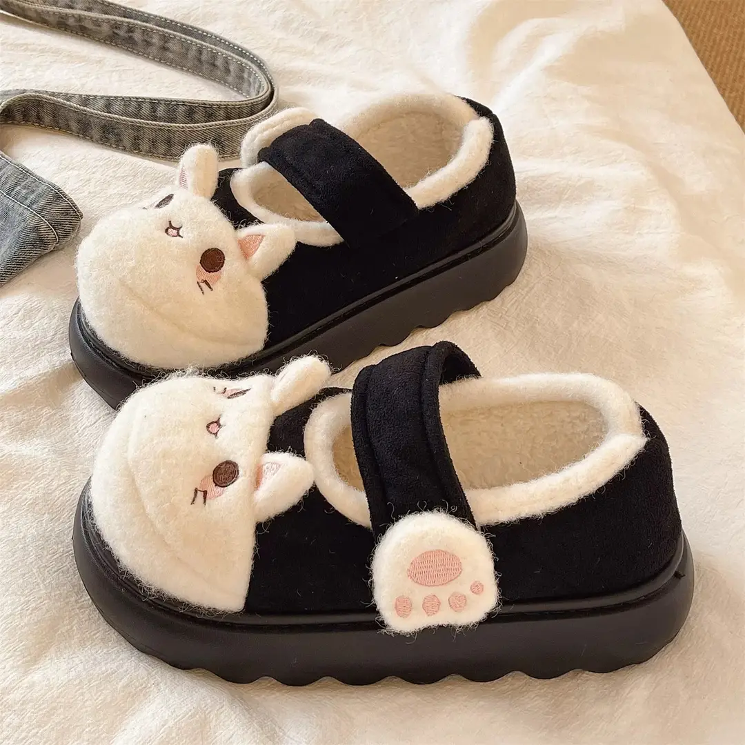 Cute Little Rabbit Velcro Cotton Slippers for Women in Winter Indoor and Outdoor Wear Non-Slip Bag Heel Fleece-Lined Warm Confinement Cotton Shoes - Image 7