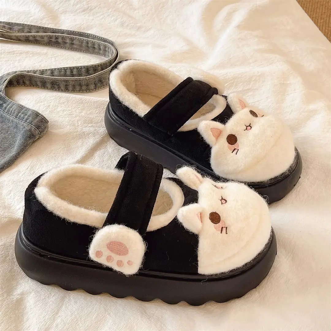 Cute Little Rabbit Velcro Cotton Slippers for Women in Winter Indoor and Outdoor Wear Non-Slip Bag Heel Fleece-Lined Warm Confinement Cotton Shoes - Image 8