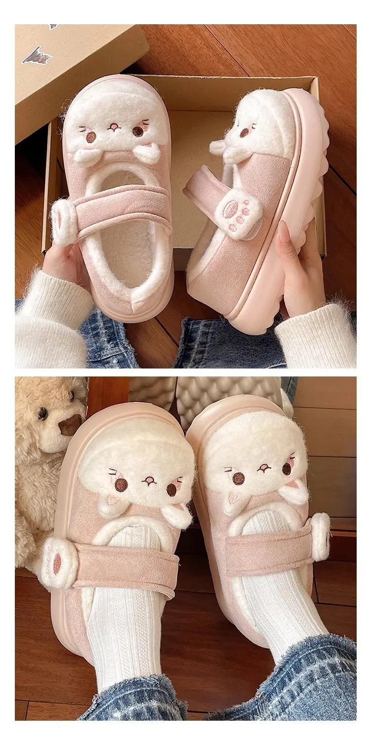 Cute Little Rabbit Velcro Cotton Slippers for Women in Winter Indoor and Outdoor Wear Non-Slip Bag Heel Fleece-Lined Warm Confinement Cotton Shoes — feature 10