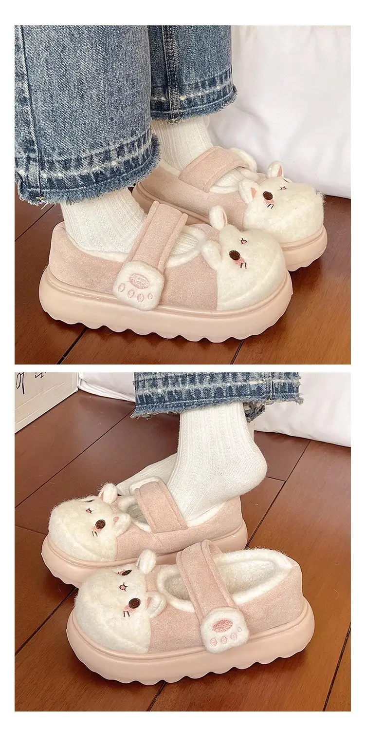Cute Little Rabbit Velcro Cotton Slippers for Women in Winter Indoor and Outdoor Wear Non-Slip Bag Heel Fleece-Lined Warm Confinement Cotton Shoes — feature 11