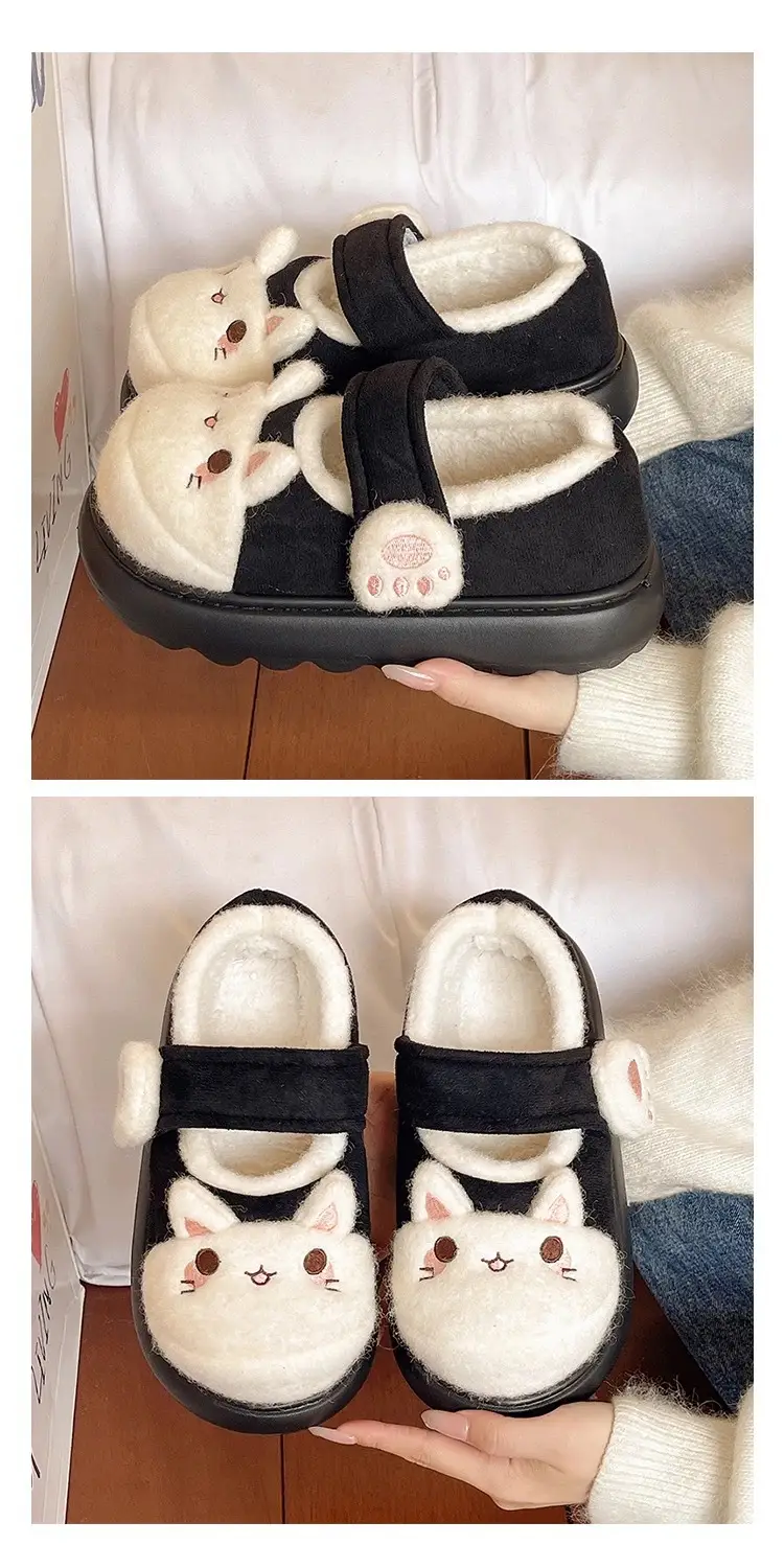Cute Little Rabbit Velcro Cotton Slippers for Women in Winter Indoor and Outdoor Wear Non-Slip Bag Heel Fleece-Lined Warm Confinement Cotton Shoes — feature 12