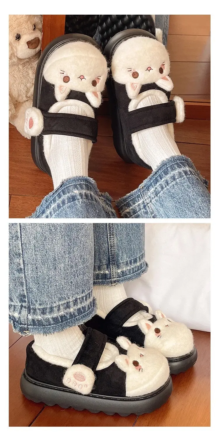 Cute Little Rabbit Velcro Cotton Slippers for Women in Winter Indoor and Outdoor Wear Non-Slip Bag Heel Fleece-Lined Warm Confinement Cotton Shoes — feature 13