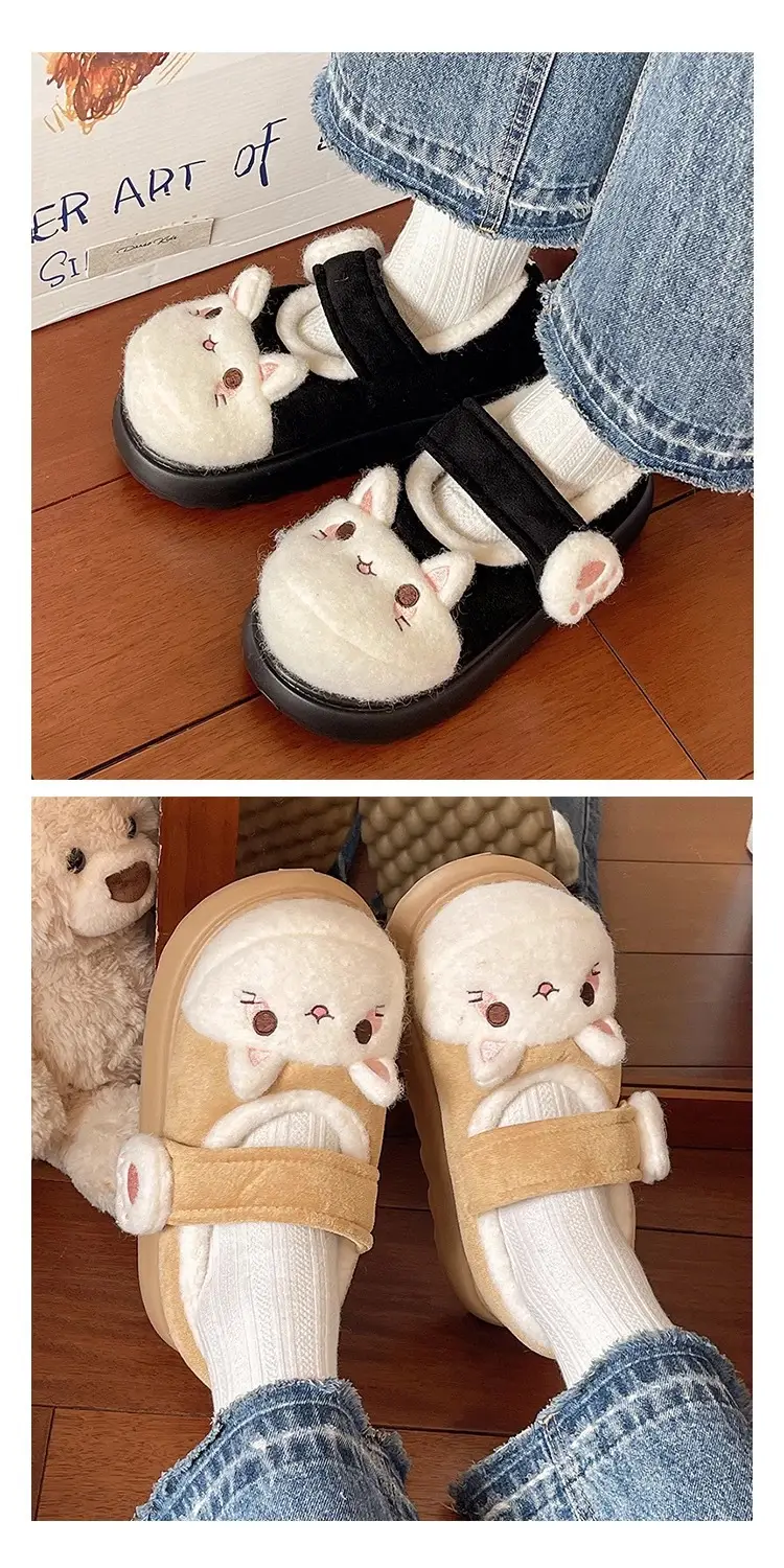 Cute Little Rabbit Velcro Cotton Slippers for Women in Winter Indoor and Outdoor Wear Non-Slip Bag Heel Fleece-Lined Warm Confinement Cotton Shoes — feature 14