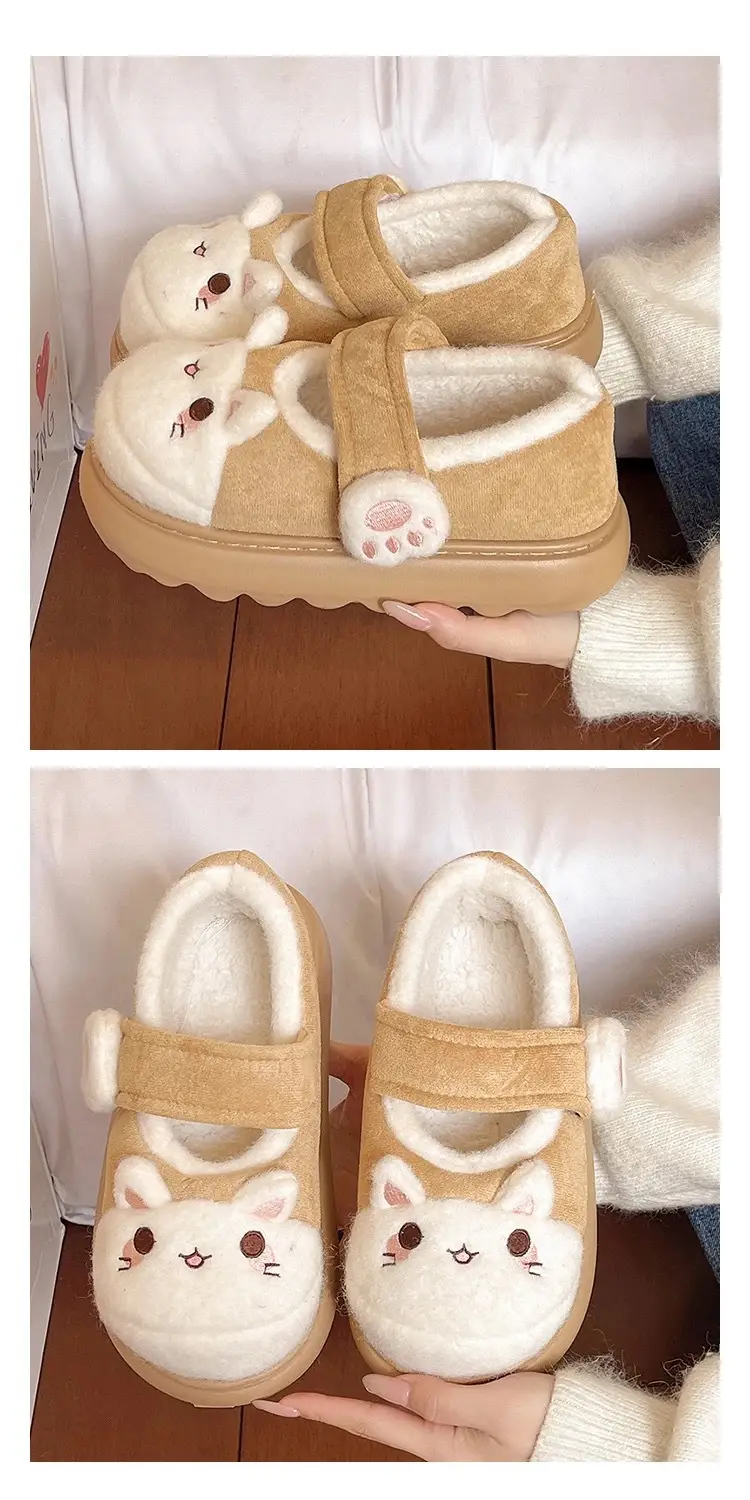 Cute Little Rabbit Velcro Cotton Slippers for Women in Winter Indoor and Outdoor Wear Non-Slip Bag Heel Fleece-Lined Warm Confinement Cotton Shoes — feature 15