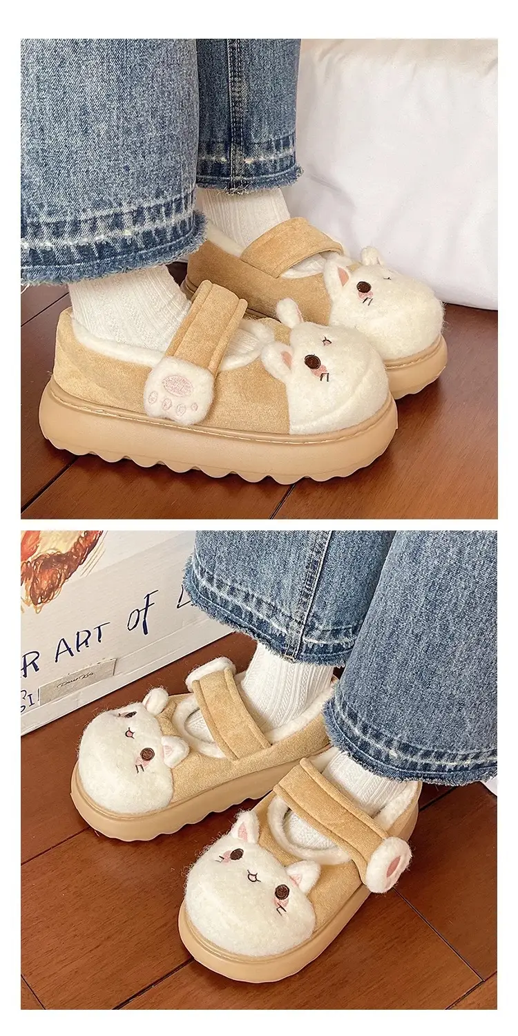 Cute Little Rabbit Velcro Cotton Slippers for Women in Winter Indoor and Outdoor Wear Non-Slip Bag Heel Fleece-Lined Warm Confinement Cotton Shoes — feature 16