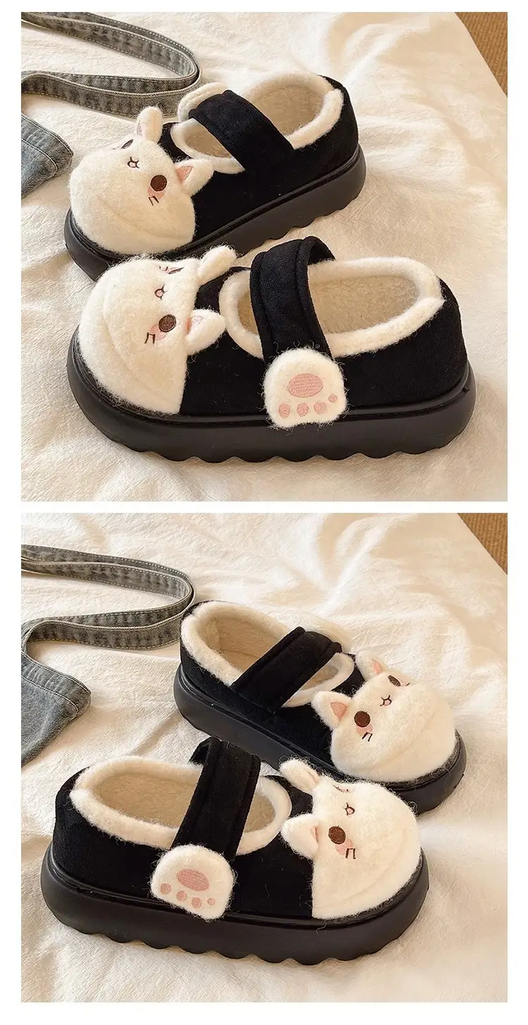 Cute Little Rabbit Velcro Cotton Slippers for Women in Winter Indoor and Outdoor Wear Non-Slip Bag Heel Fleece-Lined Warm Confinement Cotton Shoes — feature 3
