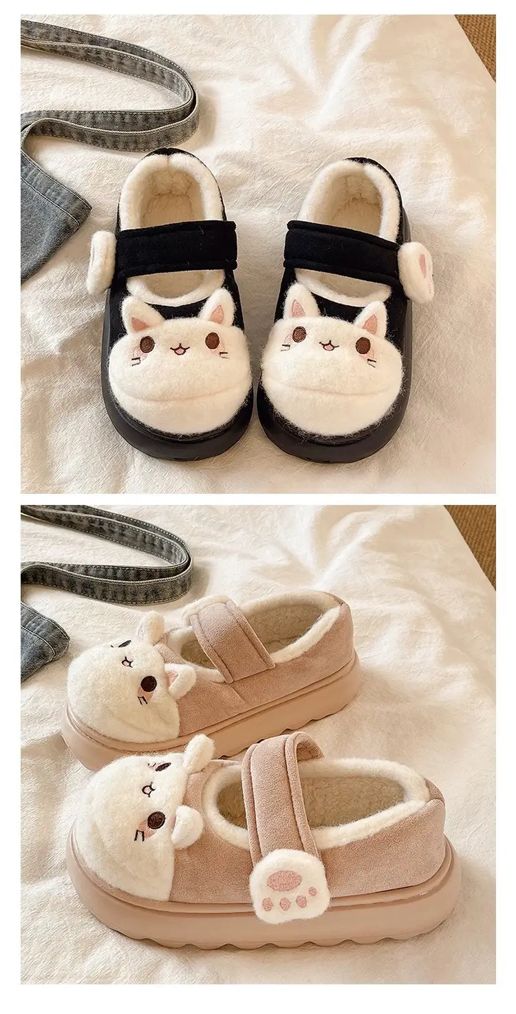 Cute Little Rabbit Velcro Cotton Slippers for Women in Winter Indoor and Outdoor Wear Non-Slip Bag Heel Fleece-Lined Warm Confinement Cotton Shoes — feature 4