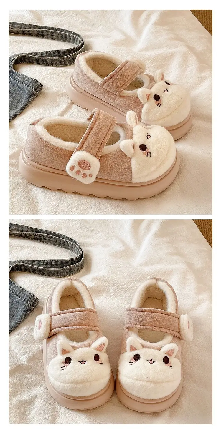 Cute Little Rabbit Velcro Cotton Slippers for Women in Winter Indoor and Outdoor Wear Non-Slip Bag Heel Fleece-Lined Warm Confinement Cotton Shoes — feature 5