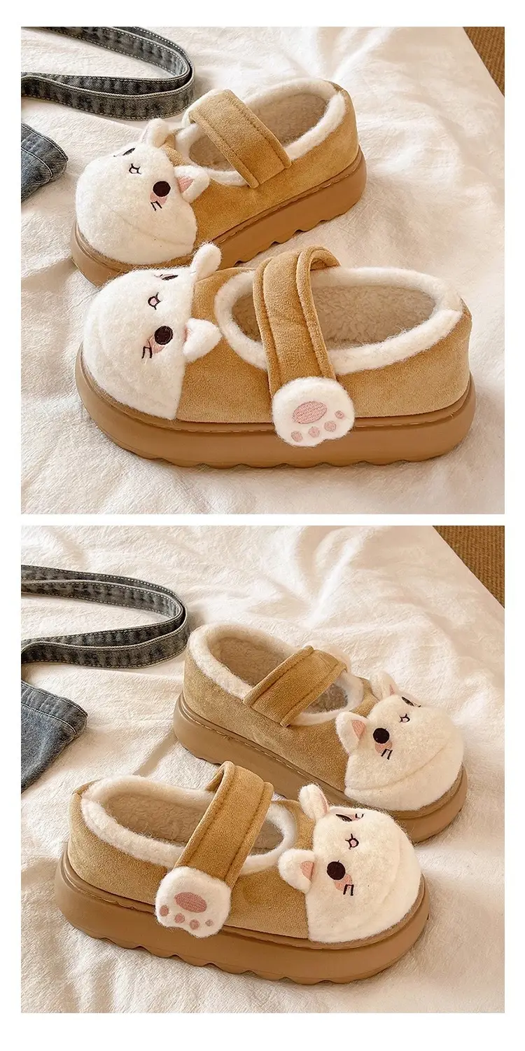 Cute Little Rabbit Velcro Cotton Slippers for Women in Winter Indoor and Outdoor Wear Non-Slip Bag Heel Fleece-Lined Warm Confinement Cotton Shoes — feature 6