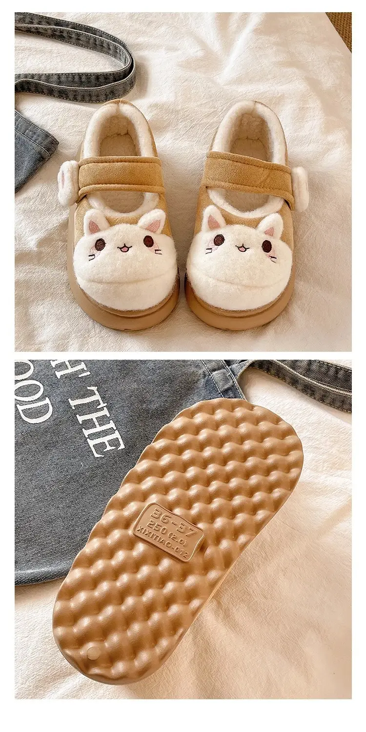 Cute Little Rabbit Velcro Cotton Slippers for Women in Winter Indoor and Outdoor Wear Non-Slip Bag Heel Fleece-Lined Warm Confinement Cotton Shoes — feature 7