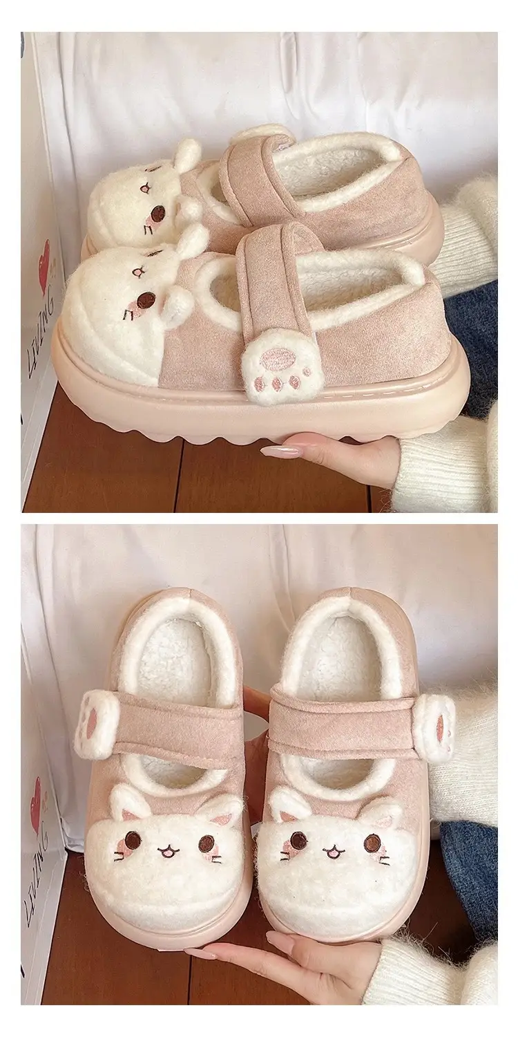 Cute Little Rabbit Velcro Cotton Slippers for Women in Winter Indoor and Outdoor Wear Non-Slip Bag Heel Fleece-Lined Warm Confinement Cotton Shoes — feature 9