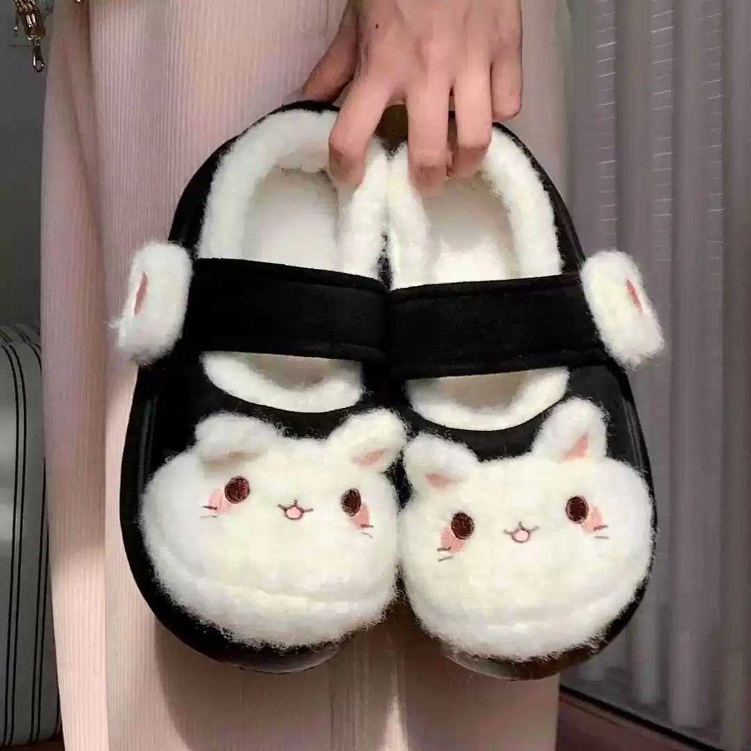 Cute Little Rabbit Velcro Cotton Slippers for Women in Winter Indoor and Outdoor Wear Non-Slip Bag Heel Fleece-Lined Warm Confinement Cotton Shoes - Image 2