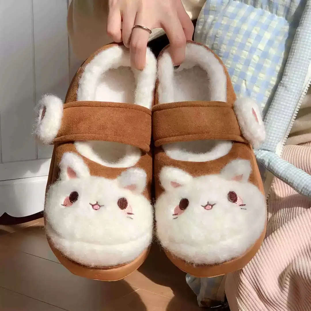 Cute Little Rabbit Velcro Cotton Slippers for Women in Winter Indoor and Outdoor Wear Non-Slip Bag Heel Fleece-Lined Warm Confinement Cotton Shoes - Image 4