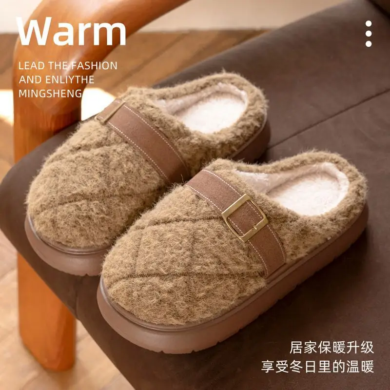 2025 Winter Non-Slip Fleece Lined Slippers Brown - Image 6